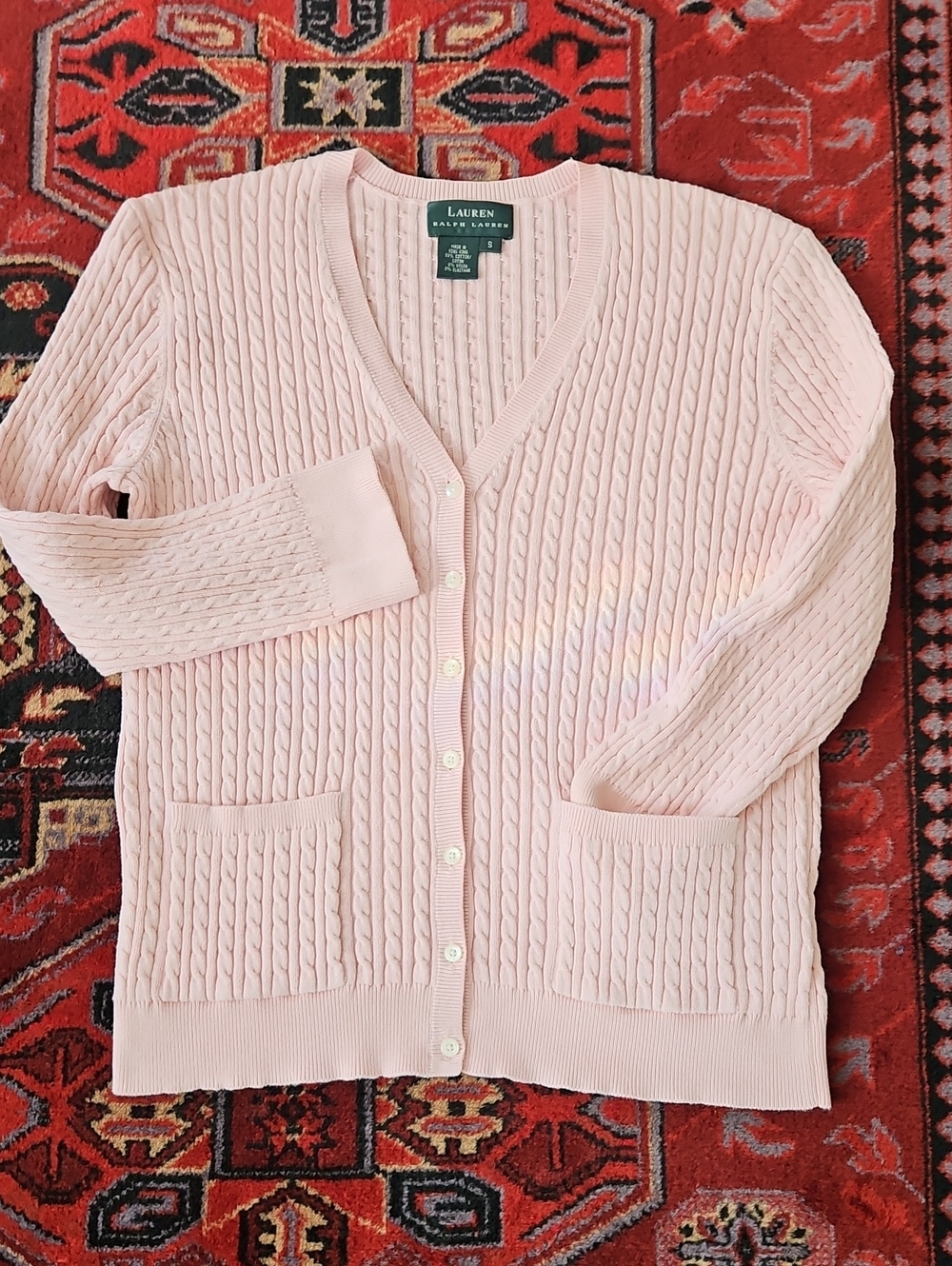 Lauren Ralph Lauren Light Pink Cable Knit V-Neck Cardigan
